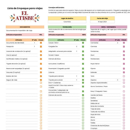 Lista para empacar - Google Sheet